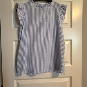 Blue and White Sleeveless Tunic with Flutter Sleeves